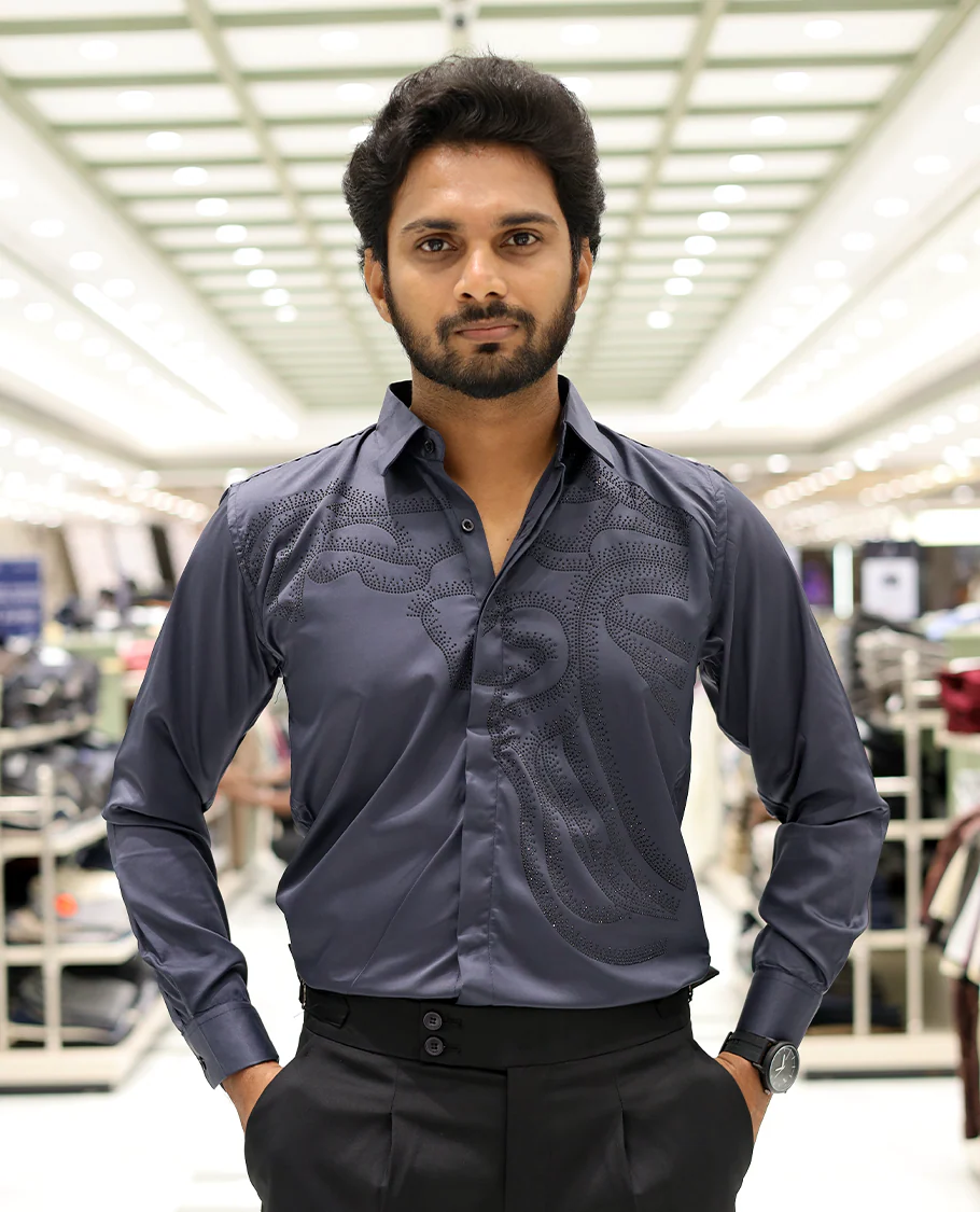 Grey Poly-Blended Party Wear Shirt, Features Vines-Themed Stone Work, Full Sleeves, a Spread Collar, Slim Fit, and Regular Length