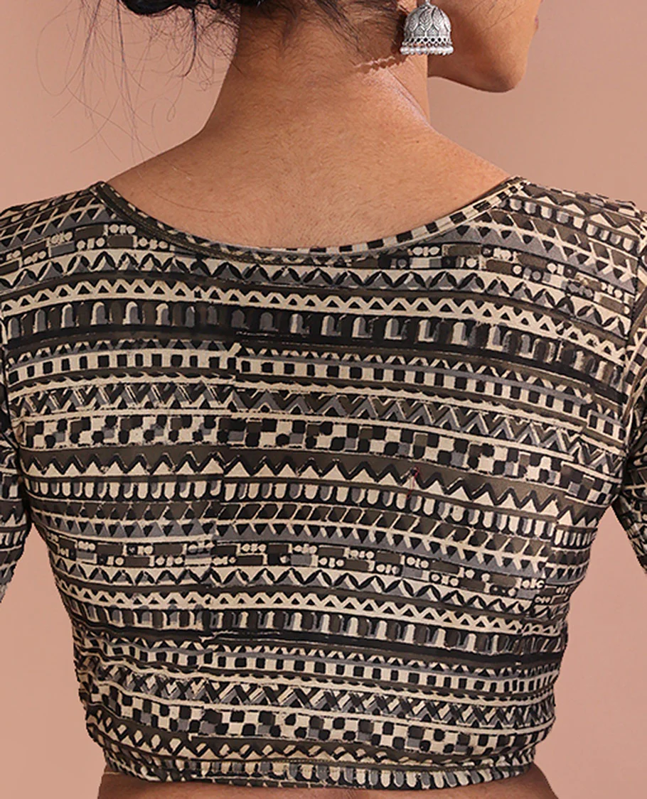 Grey Readymade Blouse Detailed with Batik-style Geometric Motifs Print, Featuring Front Round Neck, Back Boat Neck, and Half-Sleeves - Image 3