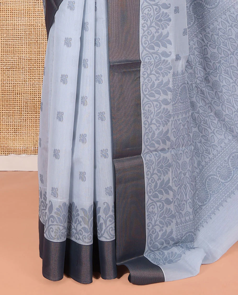 Grey Semi-Silk Cotton Saree, Detailed with Buttas All Over Its Body, Complemented by a Contrast Border, Pallu Steeped with Floral Designs, and Paired with a Matching Blouse - Image 3