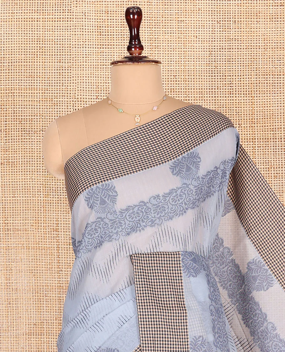Grey Semi-Silk Cotton Saree, Ornamented with Chevron Stripes All Over Its Body, Complemented by Contrast Micro-Checked Border, Pallu of Jaal Designs, and paired with a Matching Blouse - Image 2