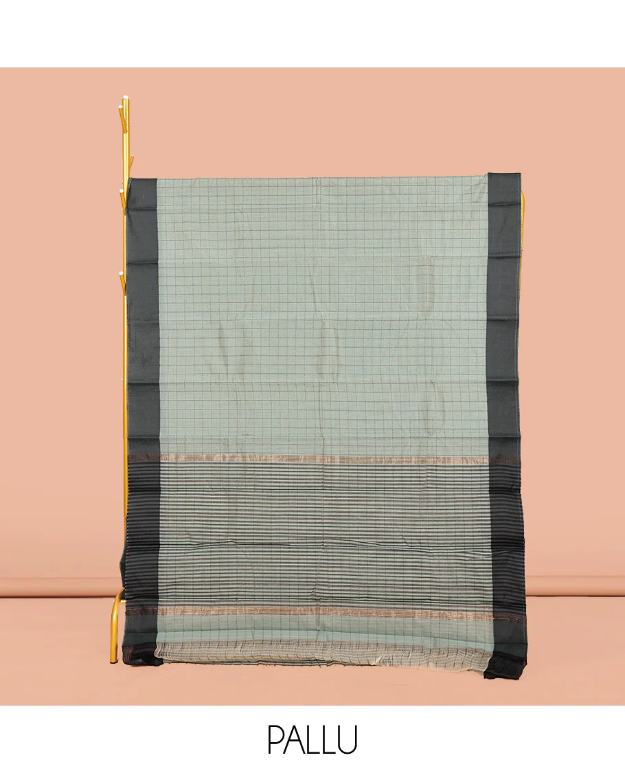 Grey Semi-Silk Cotton Saree, Subtly Sparkled with Checks All Over Its Body, Complemented by a Contrast Border, Pallu Steeped with Stripes, and Paired with a Matching Blouse - Image 2