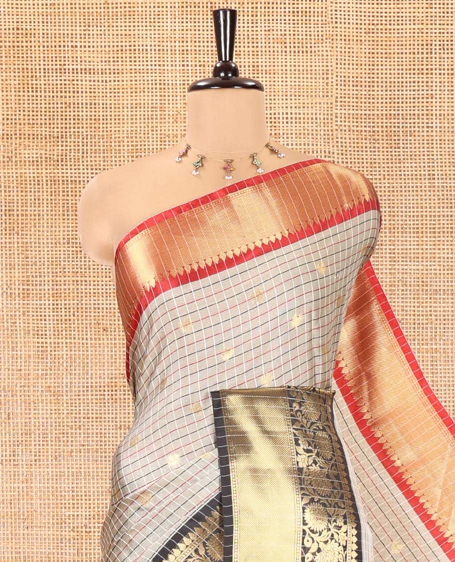 Grey Semi-Soft Silk Saree, Accentuated with Buttas and Checks On Its Body, Complemented by Contrast Traditional Zari Designs Woven Ganga-Jamuna Border, Pallu Steeped with Buttas, and Paired with a Matching Blouse - Image 2