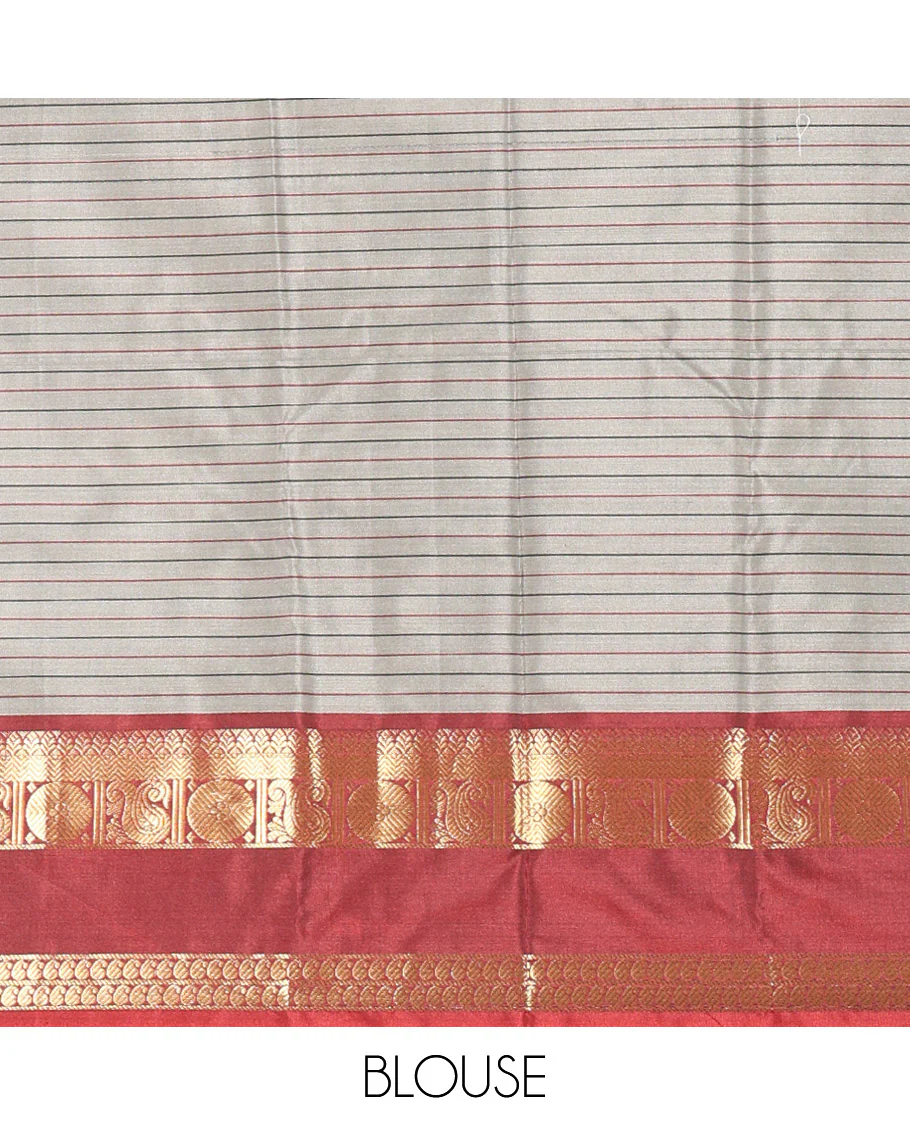 Grey Semi-Soft Silk Saree Accentuated with Micro-Checks on Its Body, Complemented by a Contrast Rettai Pettu Zari Border of Paisley, and Chakram Designs, Subtly Striped Pallu, and Paired with a Contrast Blouse - Image 3