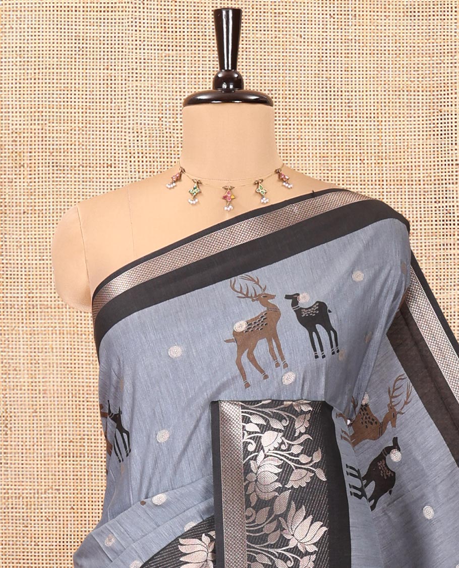 Grey Semi-Tussar Saree, Adorned with Round Buttas and Deer Buttas All Over Its Body, Highlighted by a Zari Border of Pichwai Lotus Design, Pallu of Lotus and Deer Motifs, and Paired with a Matching Blouse - Image 2