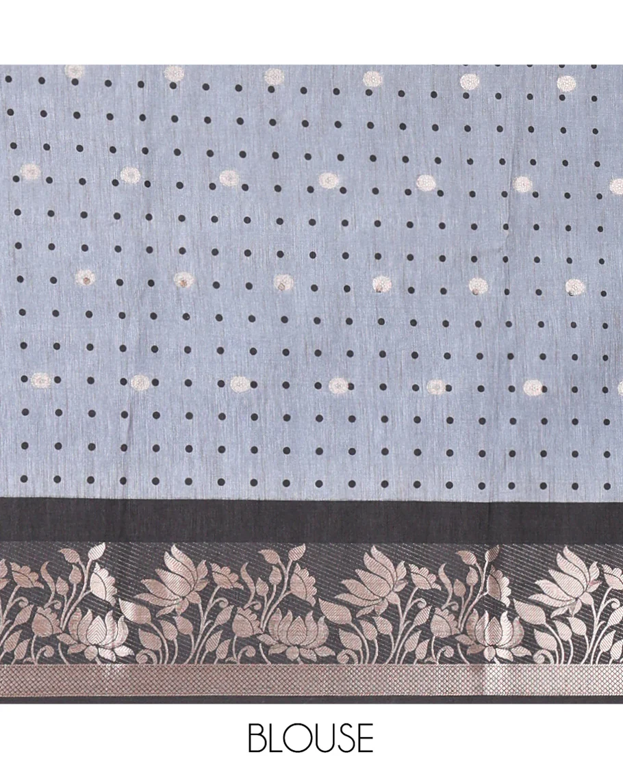 Grey Semi-Tussar Saree, Adorned with Round Buttas and Deer Buttas All Over Its Body, Highlighted by a Zari Border of Pichwai Lotus Design, Pallu of Lotus and Deer Motifs, and Paired with a Matching Blouse - Image 3