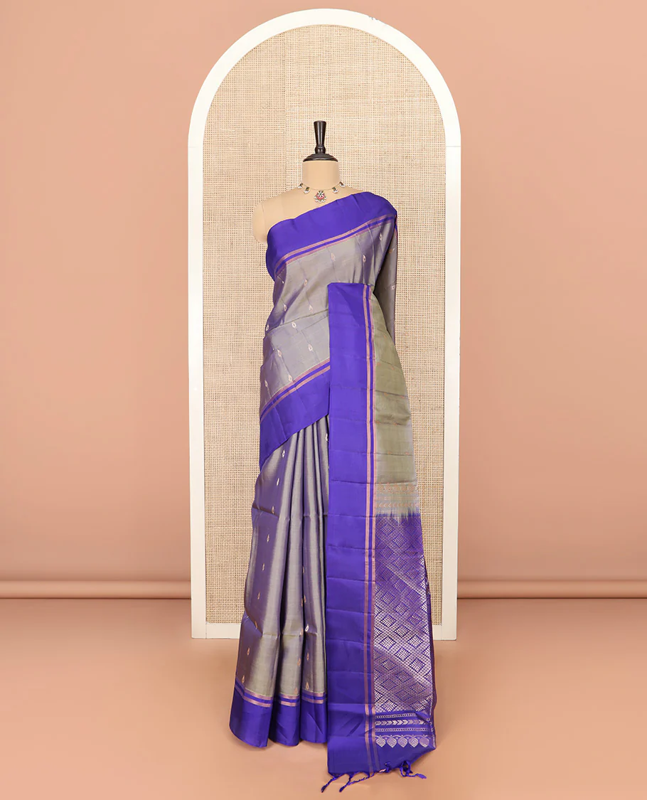Grey Semi Uppada Saree Prettified with Zari Buttas, Complemented by a Contrast Zari Striped Border, Majestically Detailed Pallu of Jaal Designs, and Paired with a Contrast Blouse - Image 3