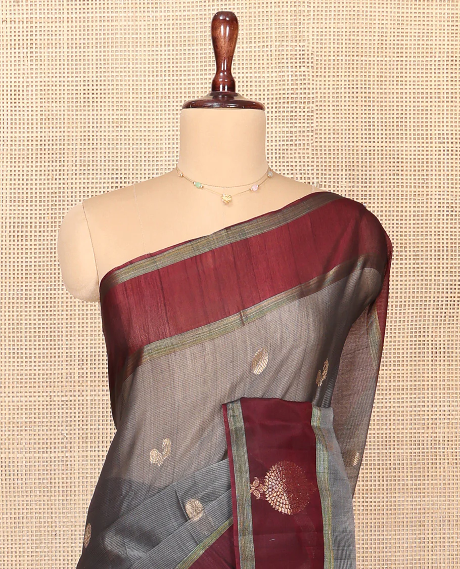 Grey Silk Cotton Saree, Artfully Woven with Peacock and Rudraksham Motifs On Its Body, Complemented by Contrast Zari Motifs Woven Border, Geometric Zari Patterned Pallu and Paired with a Contrast Blouse - Image 2
