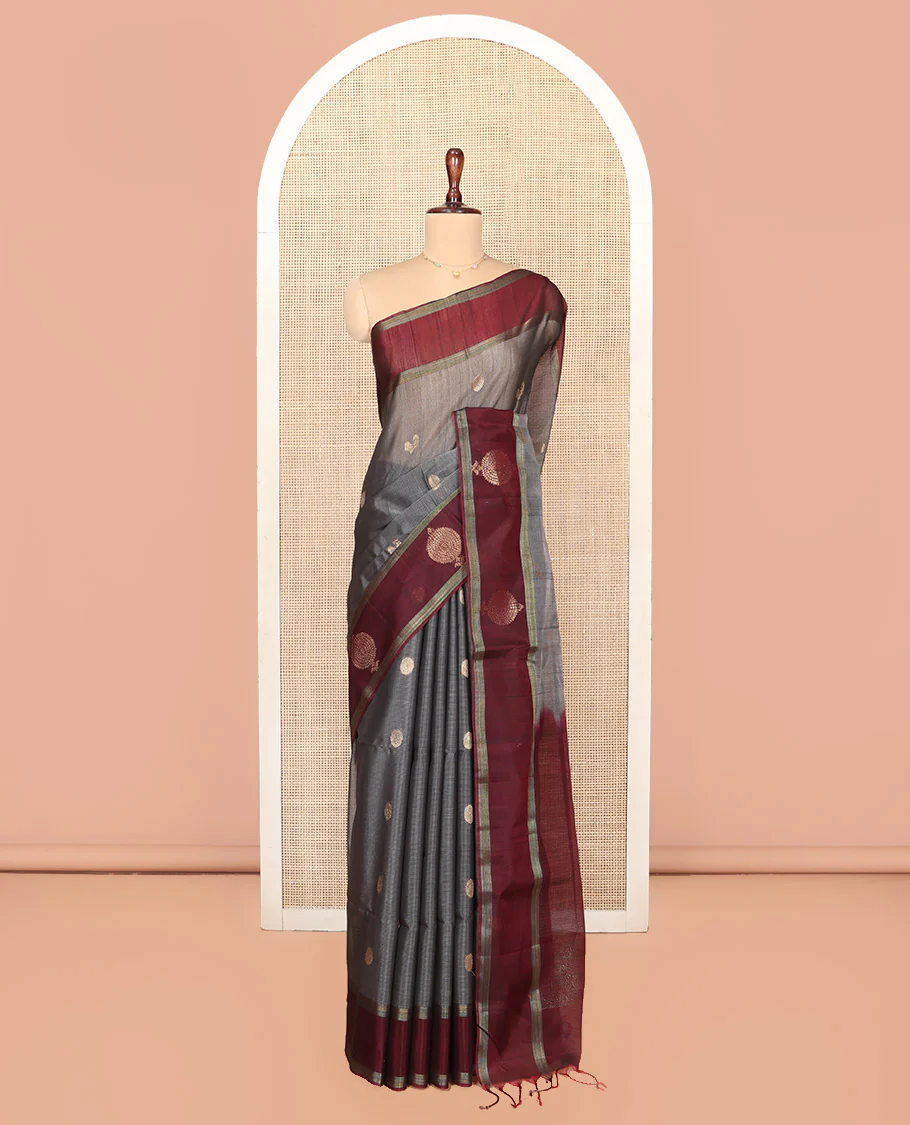 Grey Silk Cotton Saree, Artfully Woven with Peacock and Rudraksham Motifs On Its Body, Complemented by Contrast Zari Motifs Woven Border, Geometric Zari Patterned Pallu and Paired with a Contrast Blouse - Image 3