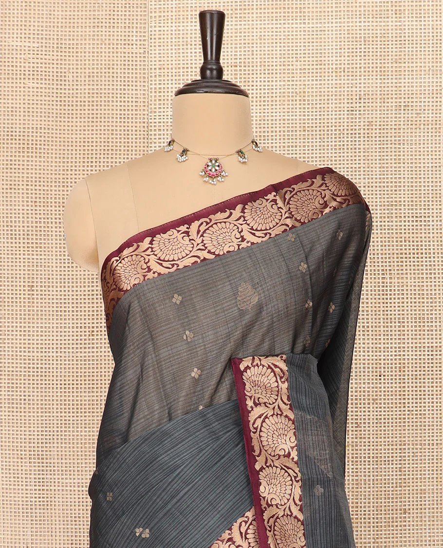 Grey Silk Cotton Saree Beautified with Buttas All Over the Body, Complemented by a Contrast Floral Creeper Zari Border, Featuring a Contrast Pallu of Floral Zari Designs, and Paired with a Contrast Blouse - Image 2