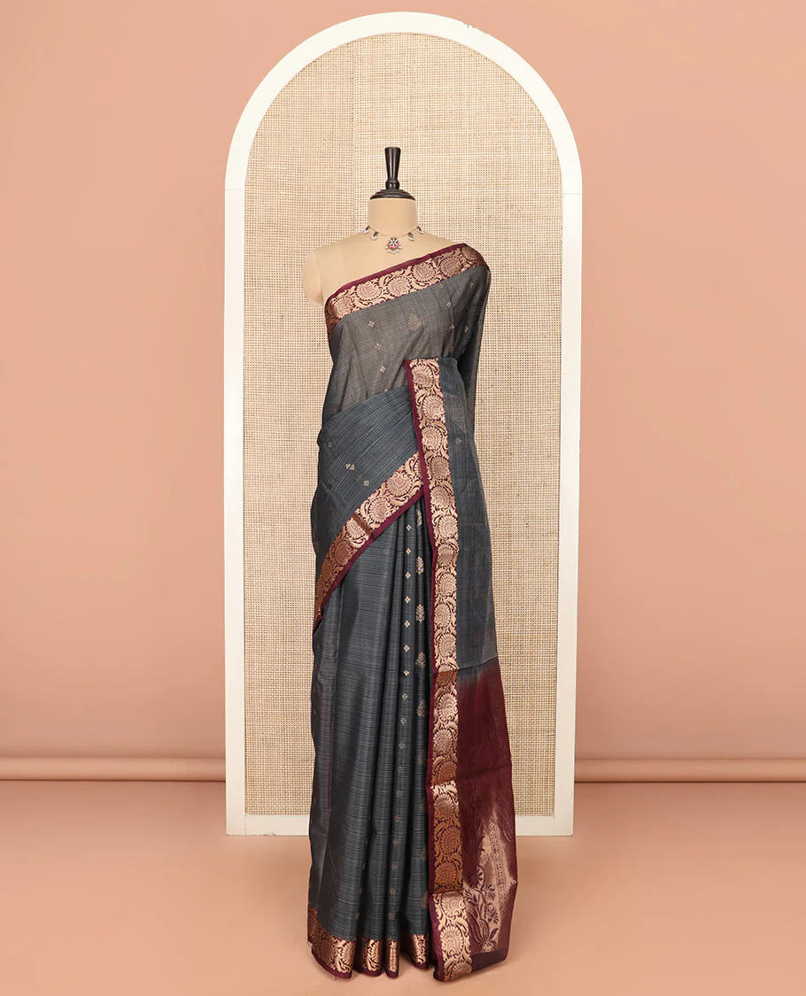 Grey Silk Cotton Saree Beautified with Buttas All Over the Body, Complemented by a Contrast Floral Creeper Zari Border, Featuring a Contrast Pallu of Floral Zari Designs, and Paired with a Contrast Blouse - Image 3