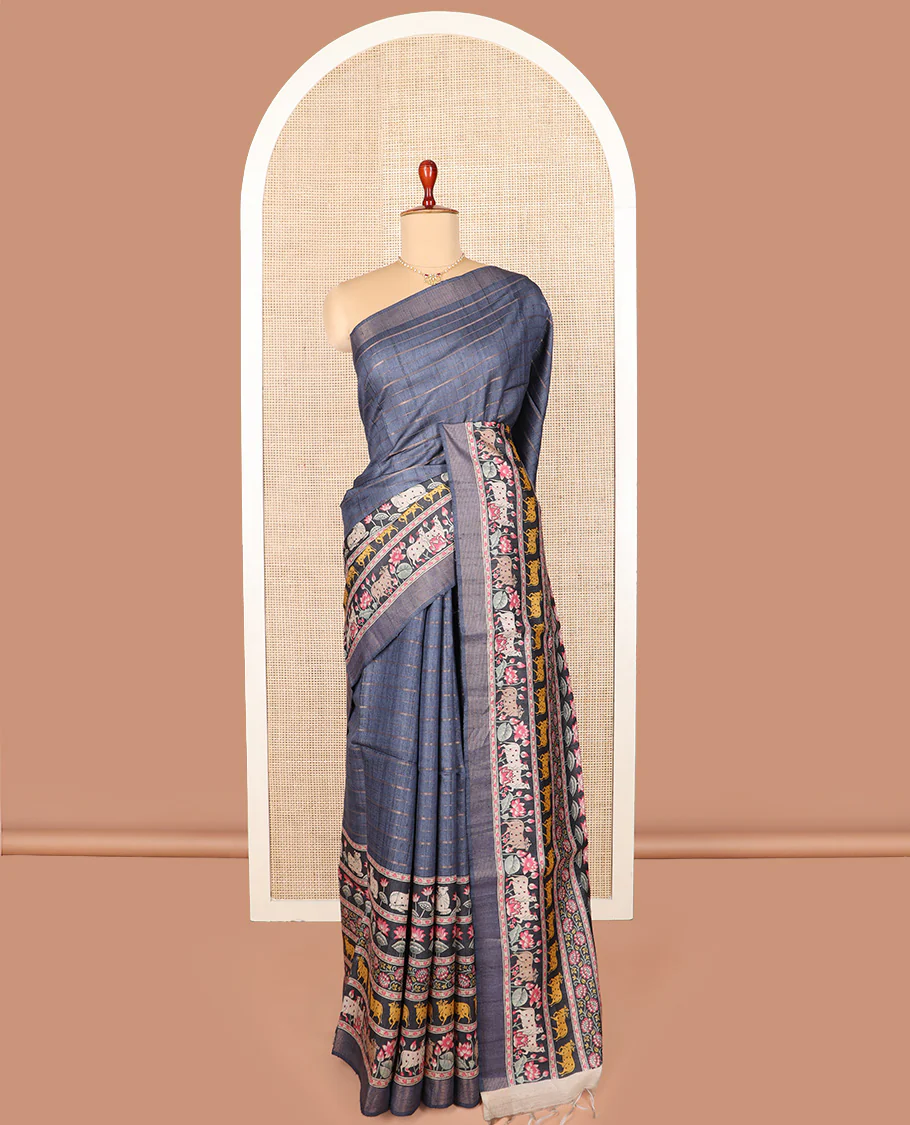 Grey striped and Pichwai cow and lotus printed tussar silk saree, striped border, and self-pallu - Image 2