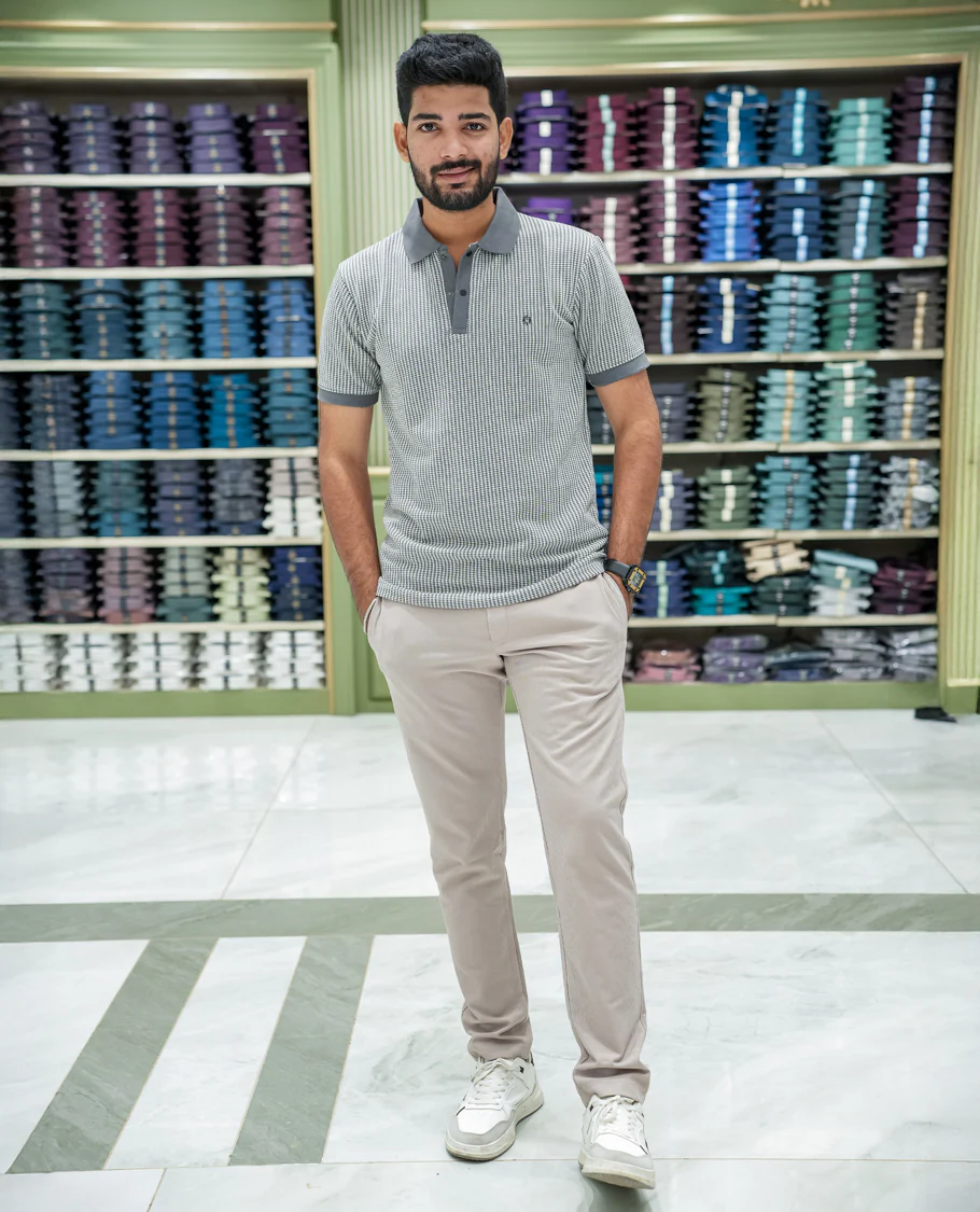 Grey Striped Cotton-Blended T-Shirt Comes with Half-Sleeves, a Polo Collar, a Slim Fit, and Regular Length - Image 2