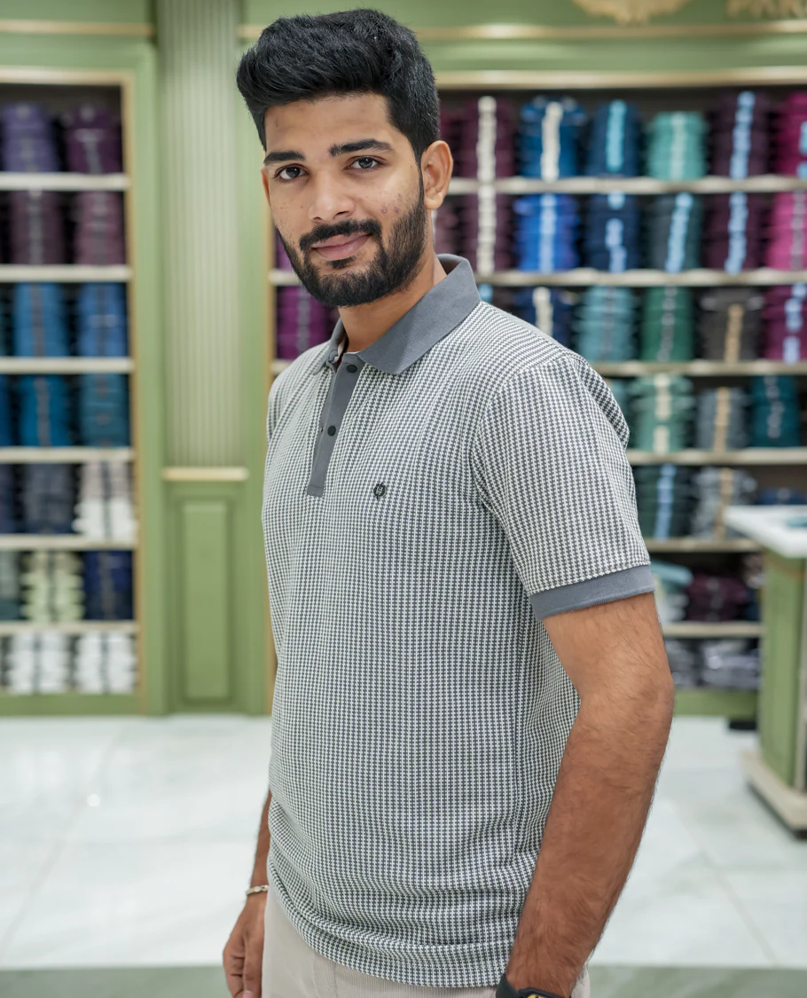 Grey Striped Cotton-Blended T-Shirt Comes with Half-Sleeves, a Polo Collar, a Slim Fit, and Regular Length - Image 3