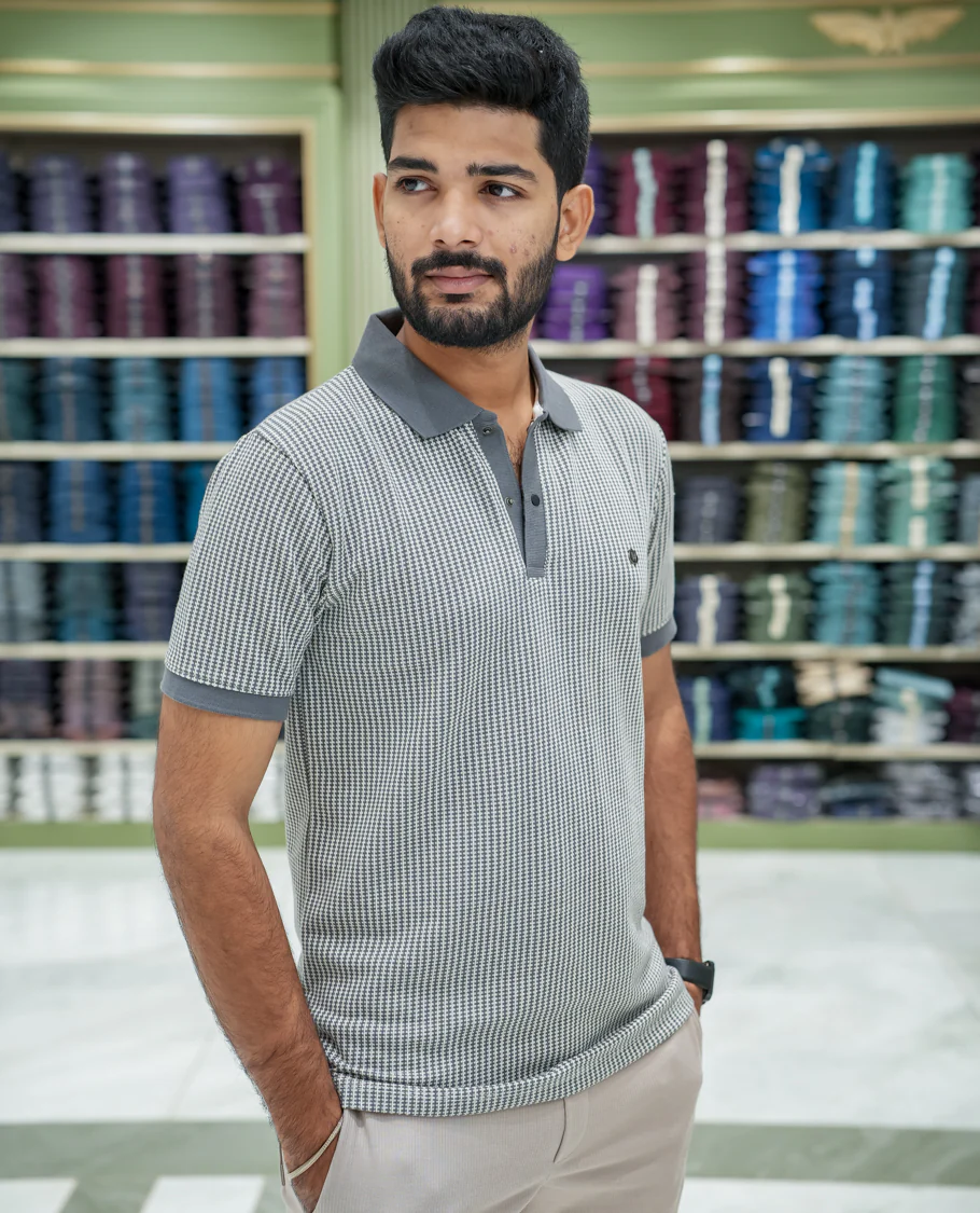 Grey Striped Cotton-Blended T-Shirt Comes with Half-Sleeves, a Polo Collar, a Slim Fit, and Regular Length - Image 4