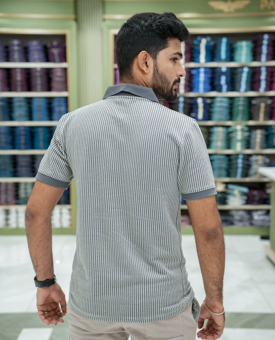 Grey Striped Cotton-Blended T-Shirt Comes with Half-Sleeves, a Polo Collar, a Slim Fit, and Regular Length - Image 5