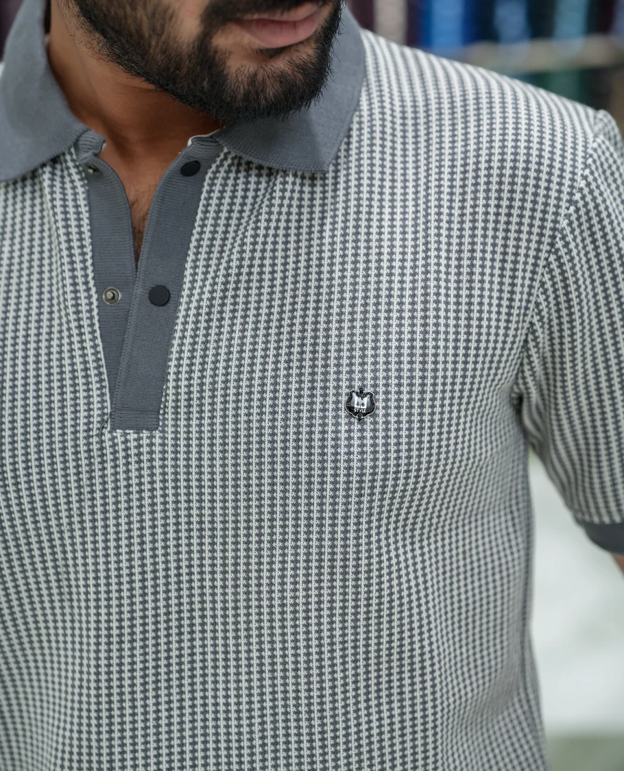 Grey Striped Cotton-Blended T-Shirt Comes with Half-Sleeves, a Polo Collar, a Slim Fit, and Regular Length - Image 6