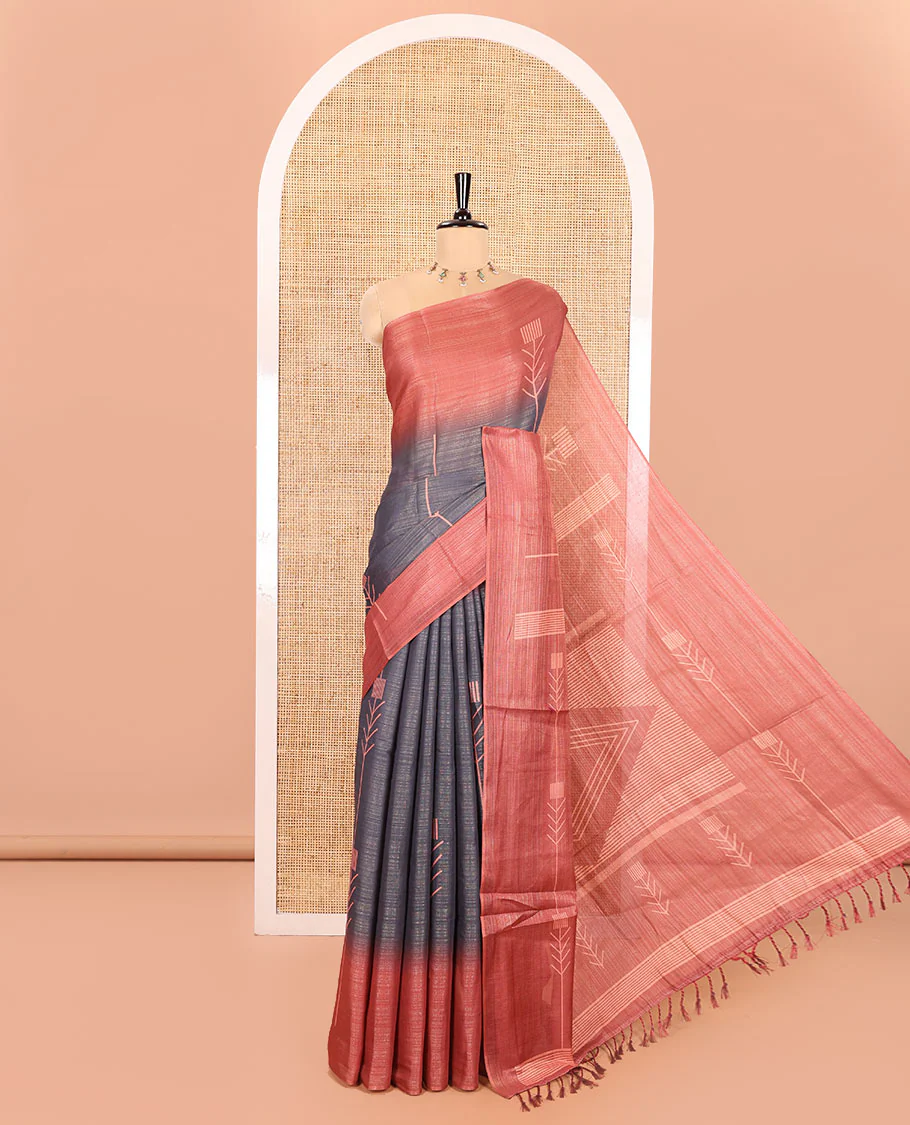Grey Tissue Saree, Beautified with Horizontal Stripes and Unique Motifs Printed All Over Its Body, Complemented by Contrast Printed Border, Pallu Depicts Geometric Patterns, and Paired with a Contrast Geometric Printed Blouse
