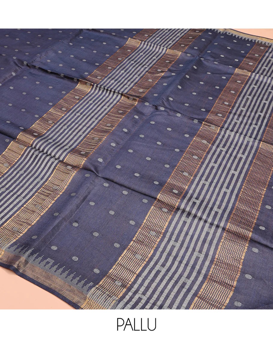 Grey Tussar Saree, Adorned with Rudraksha Motifs, a Subtle Temple Zari Border, Pallu of Stripes and Buttas, and a Matching Blouse - Image 5