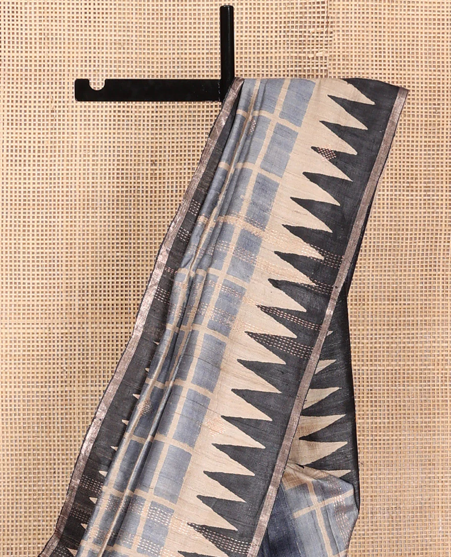 Grey Tussar Silk Saree, Meticulously Crafted with Half-And-Half-Style Checked Design on Its Body, a Contrast Temple Border, Temple Design Pallu, and Paired with a Contrast Blouse - Image 3
