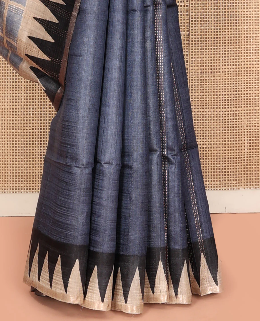 Grey Tussar Silk Saree, Meticulously Crafted with Half-And-Half-Style Checked Design on Its Body, a Contrast Temple Border, Temple Design Pallu, and Paired with a Contrast Blouse - Image 4
