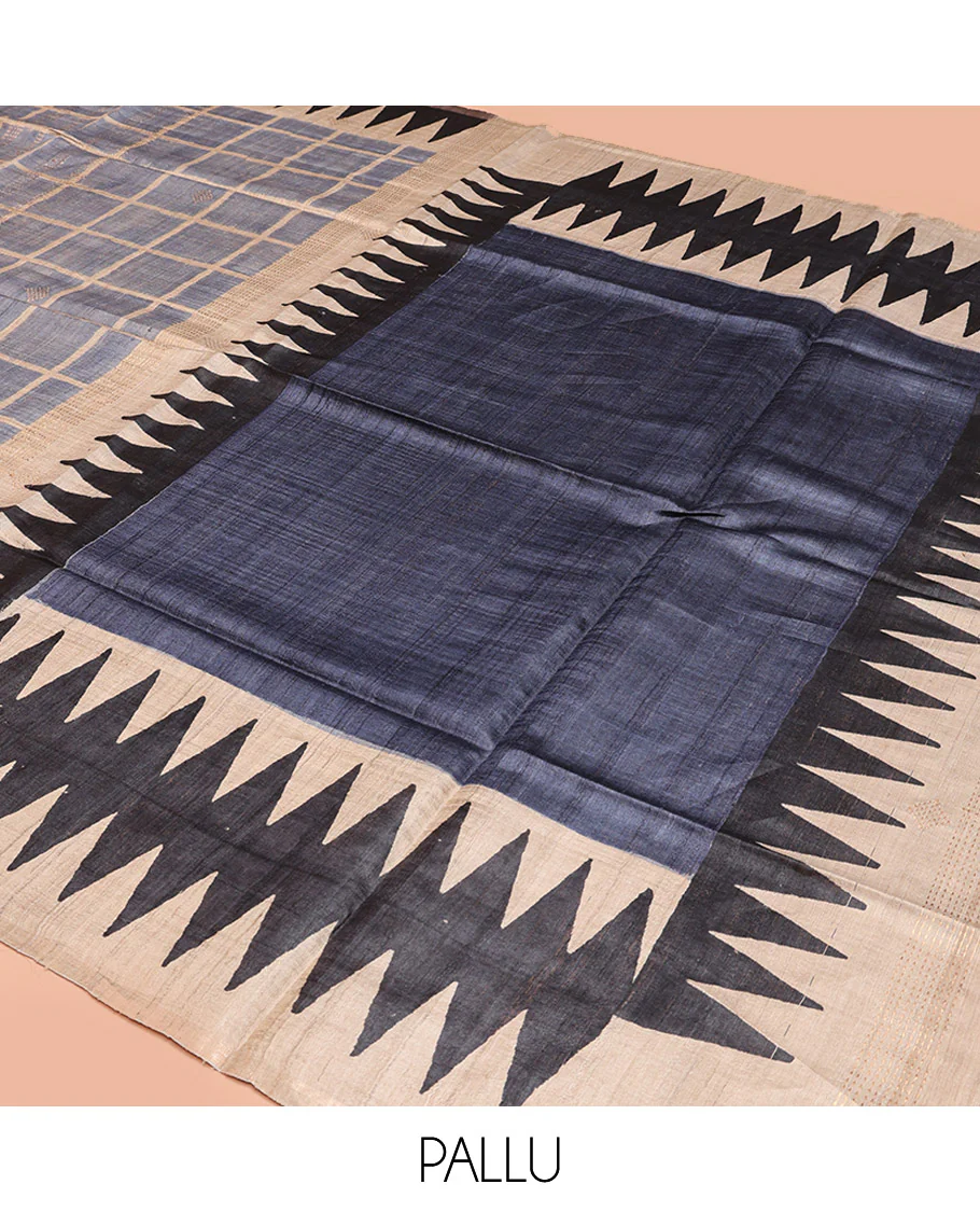 Grey Tussar Silk Saree, Meticulously Crafted with Half-And-Half-Style Checked Design on Its Body, a Contrast Temple Border, Temple Design Pallu, and Paired with a Contrast Blouse - Image 5