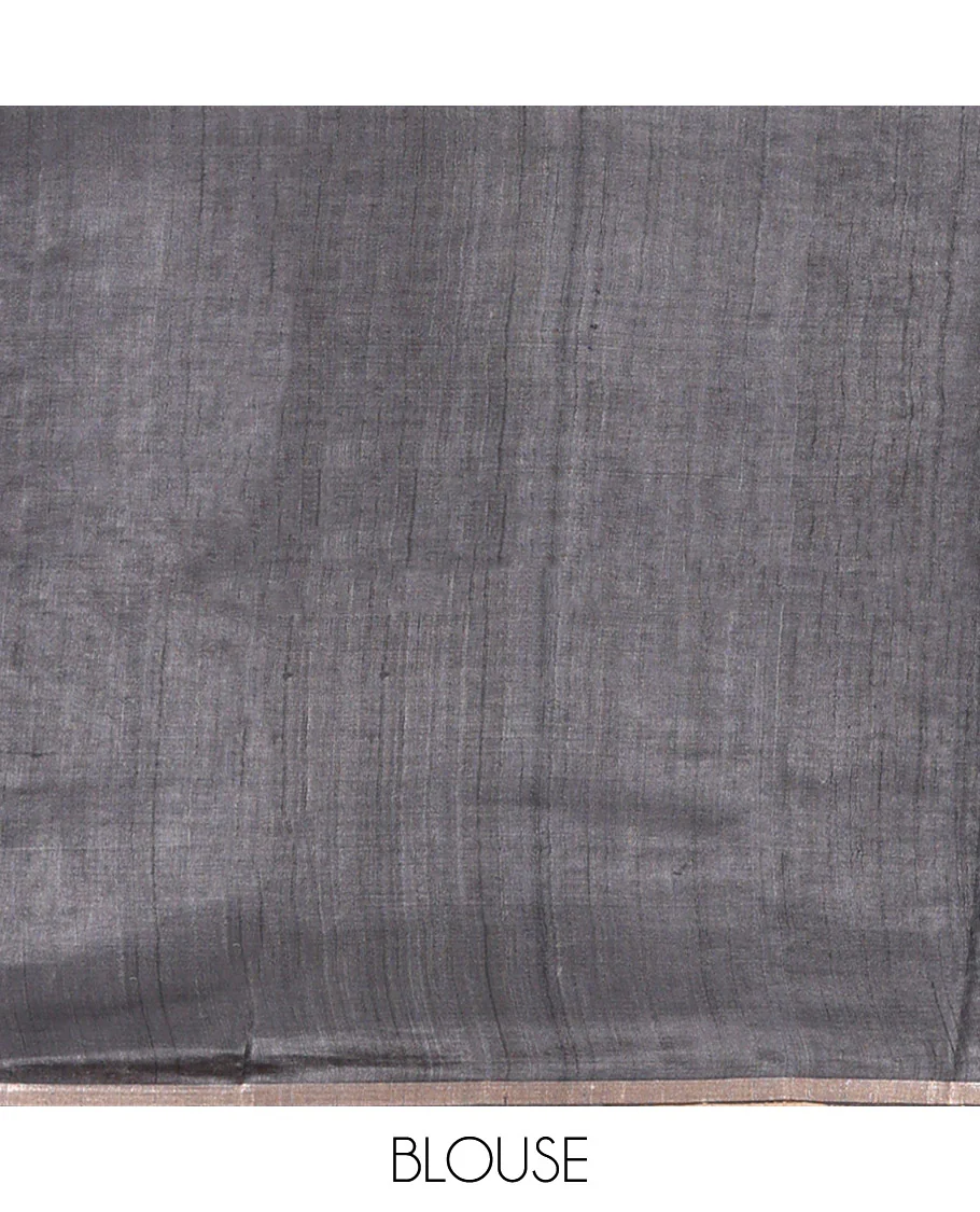 Grey Tussar Silk Saree, Meticulously Crafted with Half-And-Half-Style Checked Design on Its Body, a Contrast Temple Border, Temple Design Pallu, and Paired with a Contrast Blouse - Image 6