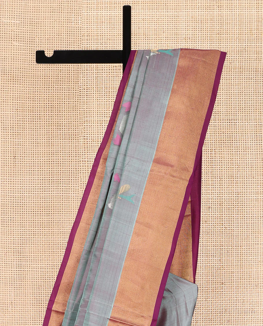 Grey Uppada Silk Saree, Elevated with Meena Buttas All Over Its Body, Complemented by Contrast Zari Bavanji Border, Captivating Contrast Pallu Steeped with Meena Buttas, and Paired with a Contrast Blouse - Image 3