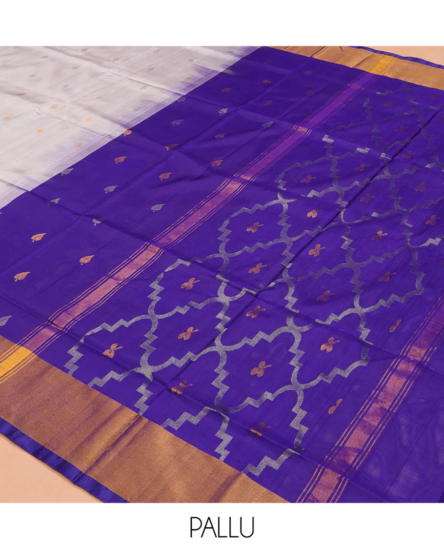 Grey Uppada Silk Saree, Sparsely Woven with Buttas All Over Its Body, Subtle Bavanji Border, Complemented by Contrast Pallu of Butta Enclosed Jaal Designs, and Paired with a Contrast Blouse - Image 5