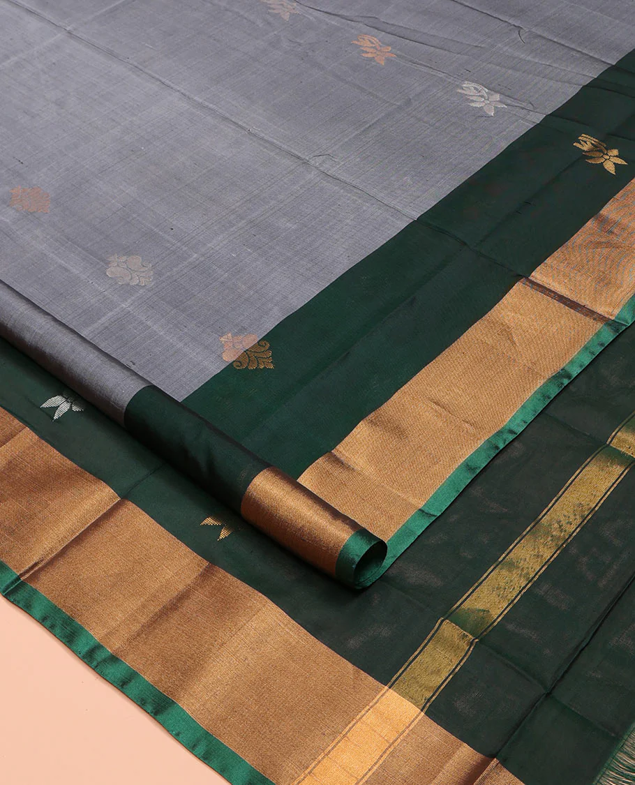 Grey Uppada Silk Saree, Subtly Sparkled with Buttas All Over Its Body, Complemented by a Contrast Bavanji Border of Zari Buttas, Pallu Steeped with Zari Buttas, and Paired with a Contrast Blouse - Image 2