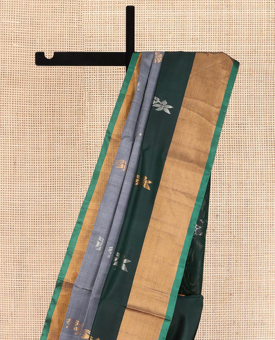 Grey Uppada Silk Saree, Subtly Sparkled with Buttas All Over Its Body, Complemented by a Contrast Bavanji Border of Zari Buttas, Pallu Steeped with Zari Buttas, and Paired with a Contrast Blouse - Image 3