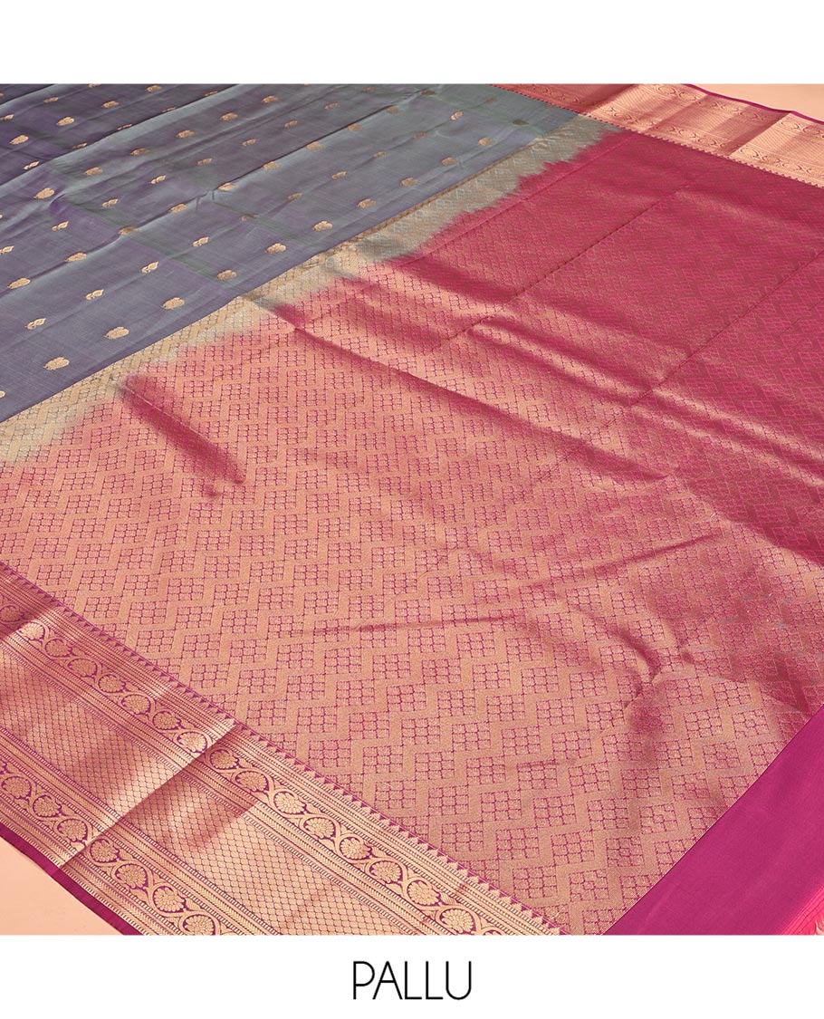 Grey Vasundhara Lite Silk Mix Saree, Beautifully Bedecked with Zari Buttas All Over Its Body, Complemented by Contrast Border of Rekku, Muthu, Kodi Visiry, and Jaal Designs, Grand Pallu and Paired with a Contrast Blouse - Image 5
