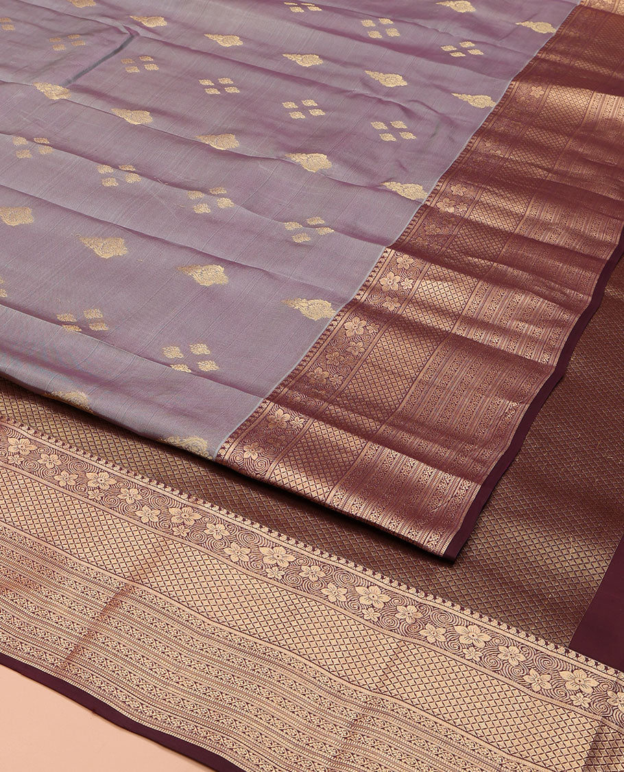 Grey Vasundhara Lite Silk Mix Saree, Elevated with a Zari Buttas on Its Body, Complemented by a Contrast Border of Manga, Jaal, Muthu, and Kodi Visiry Designs, Pallu of Jaal Designs, and Paired with a Contrast Blouse - Image 2