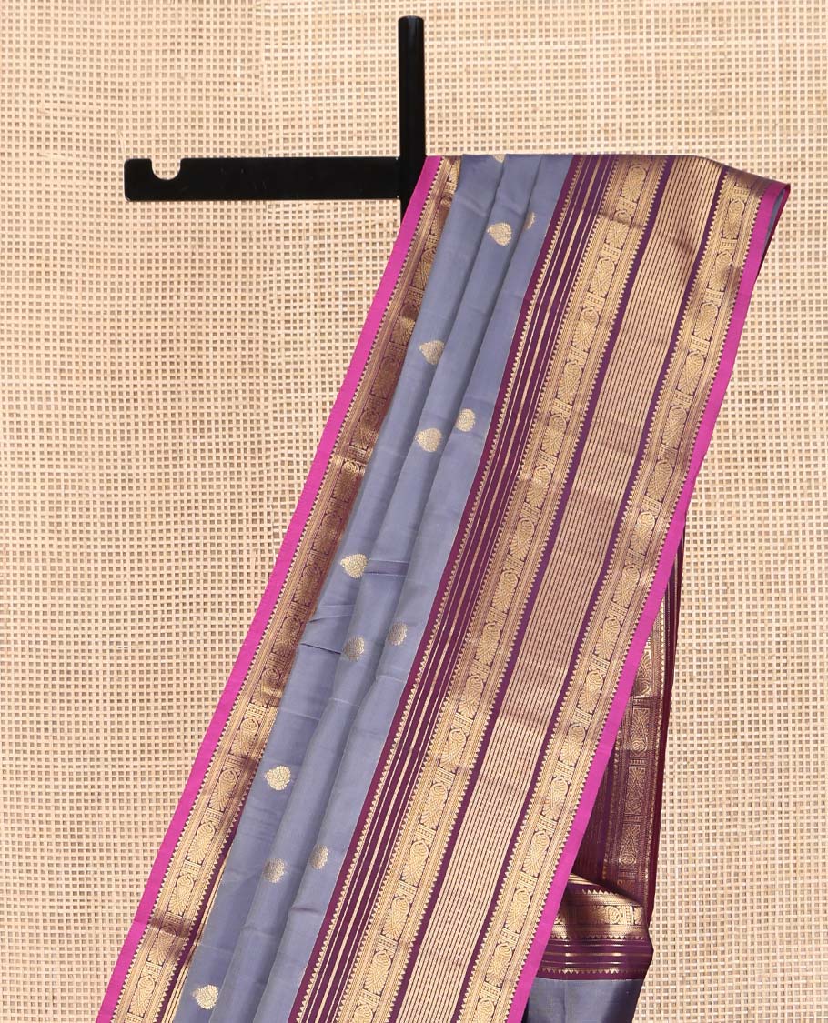 Grey Vasundhara Lite Silk Mix Saree, Elevated with Zari Buttas on Its Body, Complemented by Contrast Border of Rekku, Banaras, and Meen Designs, Grand Pallu Steeped with Paisleys, and Paired with a Contrast Blouse - Image 3