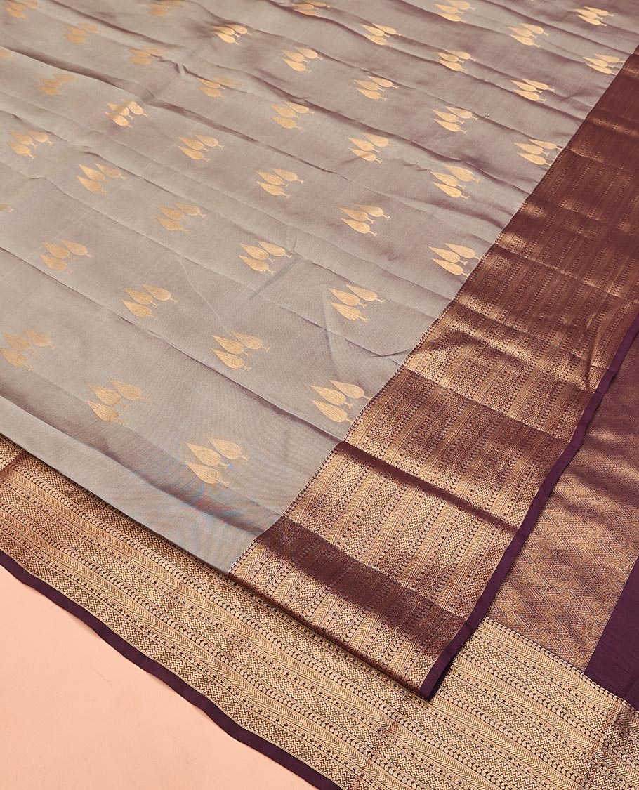 Grey Vasundhara Lite Silk Mix Saree, Featuring Zari Buttas All Over Its Body, Complemented by Contrast Border of Manga, Kathir, and Vanki Designs, Chevron Design Pallu, and Paired with a Contrast Blouse - Image 2