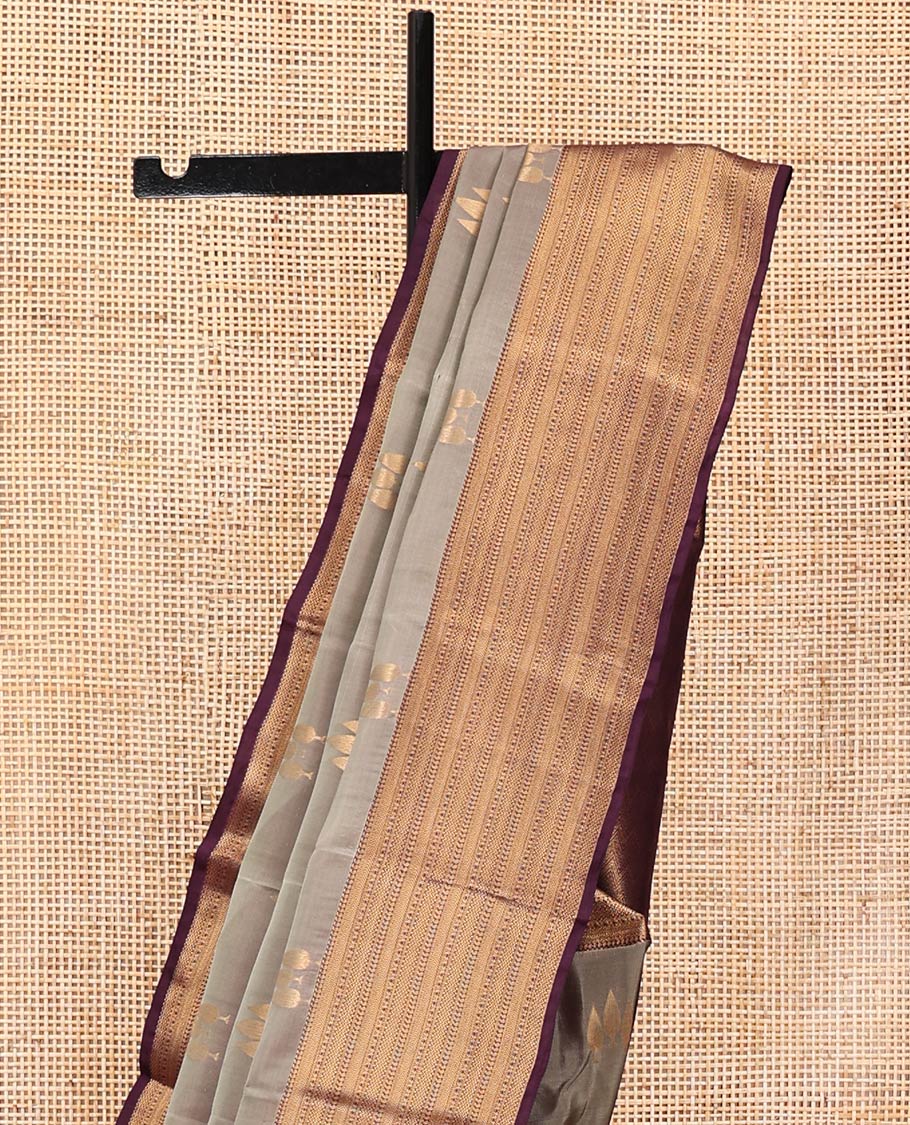 Grey Vasundhara Lite Silk Mix Saree, Featuring Zari Buttas All Over Its Body, Complemented by Contrast Border of Manga, Kathir, and Vanki Designs, Chevron Design Pallu, and Paired with a Contrast Blouse - Image 3