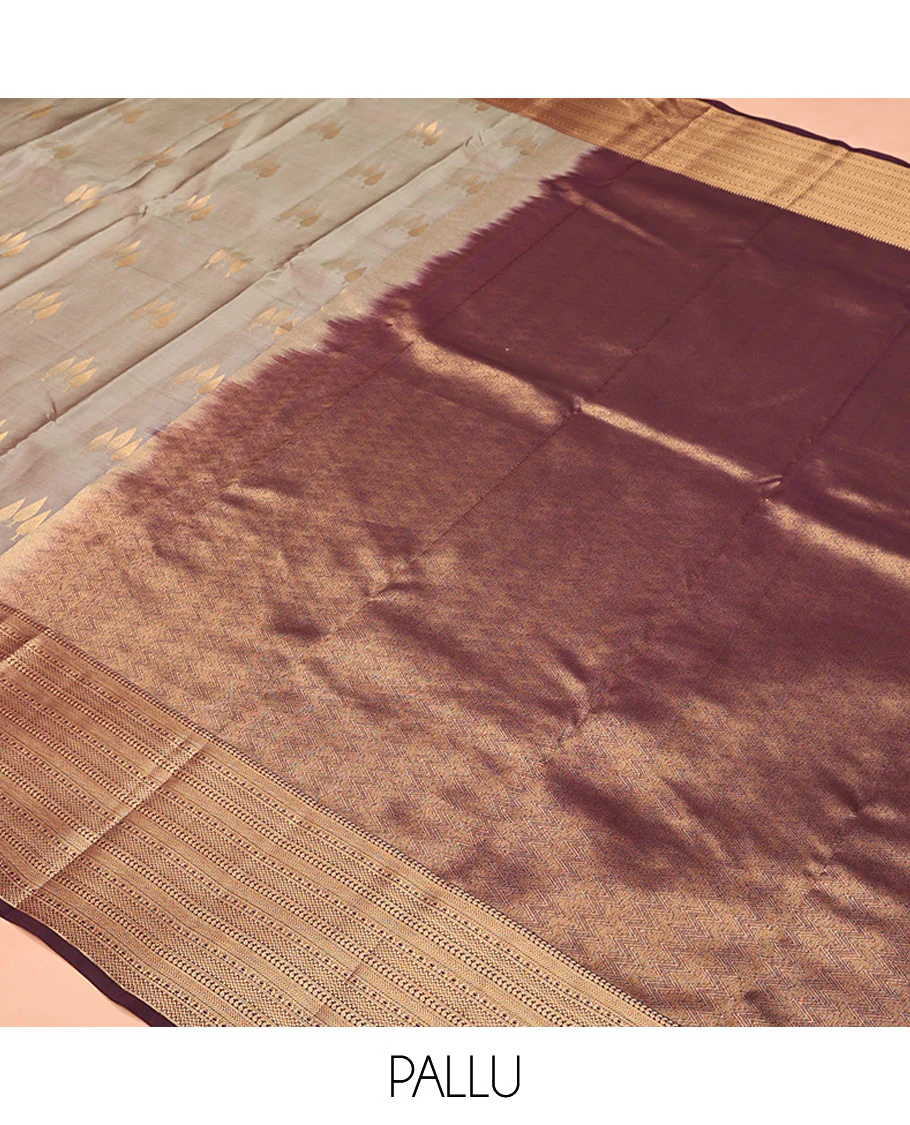 Grey Vasundhara Lite Silk Mix Saree, Featuring Zari Buttas All Over Its Body, Complemented by Contrast Border of Manga, Kathir, and Vanki Designs, Chevron Design Pallu, and Paired with a Contrast Blouse - Image 5