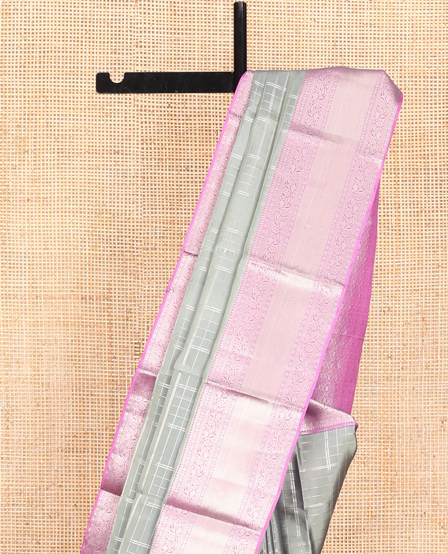 Grey Vasundhara Lite Silk Mix Saree, Gracefully Embellished with Zari Checks On Its Body, Complemented by Contrast Border of Thilakam, Poun, Muthu, Kodi Visiry, and Mayil Kann Designs, Grand Pallu and Paired with a Contrast Blouse - Image 3