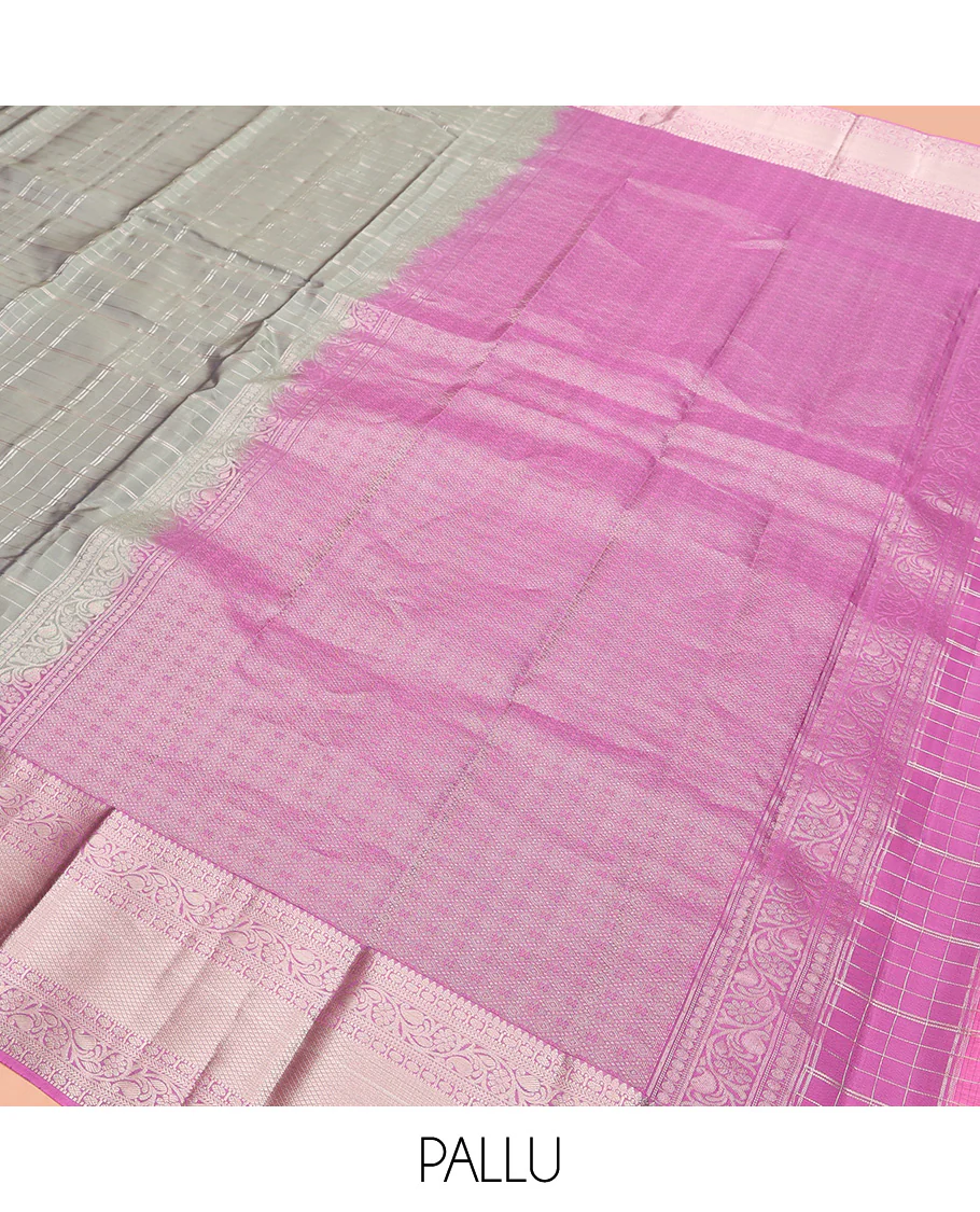 Grey Vasundhara Lite Silk Mix Saree, Gracefully Embellished with Zari Checks On Its Body, Complemented by Contrast Border of Thilakam, Poun, Muthu, Kodi Visiry, and Mayil Kann Designs, Grand Pallu and Paired with a Contrast Blouse - Image 5
