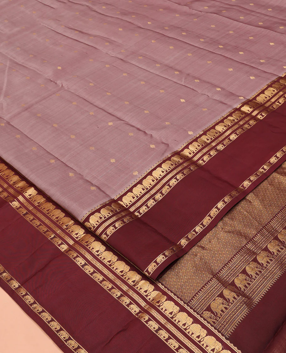Grey Vasundhara Silk Saree, Adorned with Zari Buttas All Over Its Body, Complemented by a Contrast Rettai Pettu Border of Yaanai Designs, Grand Jaal Pallu, and Paired with a Contrast Blouse - Image 2