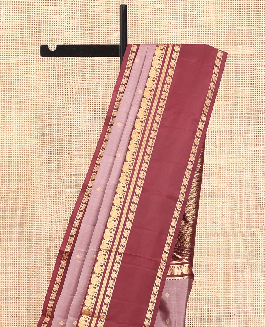 Grey Vasundhara Silk Saree, Adorned with Zari Buttas All Over Its Body, Complemented by a Contrast Rettai Pettu Border of Yaanai Designs, Grand Jaal Pallu, and Paired with a Contrast Blouse - Image 3