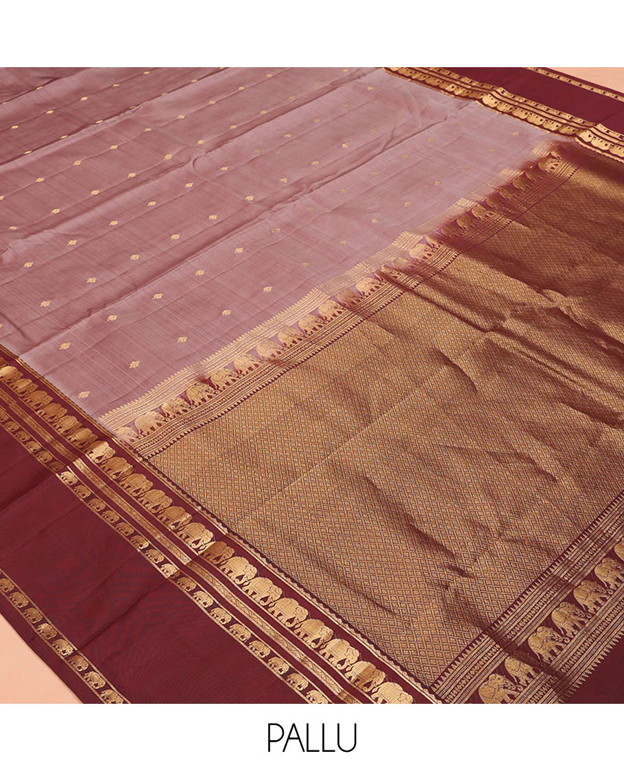 Grey Vasundhara Silk Saree, Adorned with Zari Buttas All Over Its Body, Complemented by a Contrast Rettai Pettu Border of Yaanai Designs, Grand Jaal Pallu, and Paired with a Contrast Blouse - Image 5