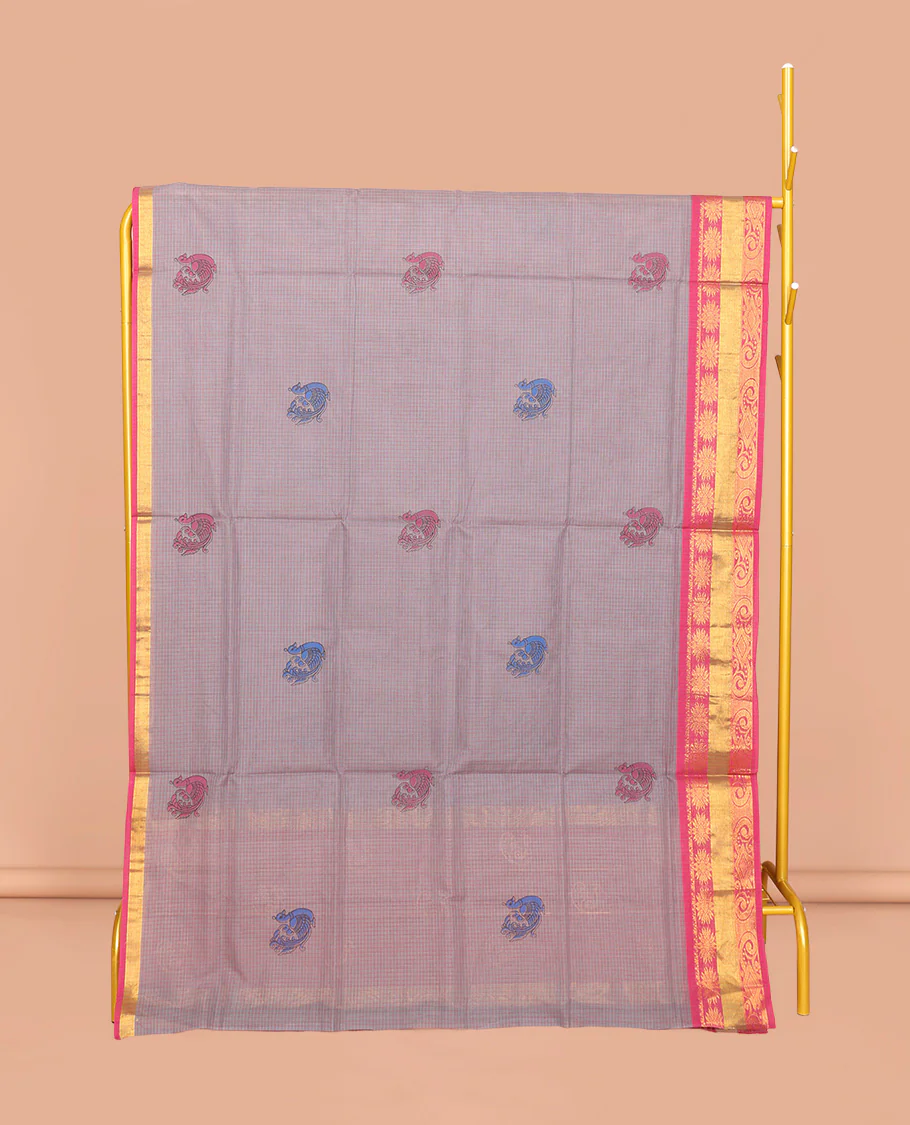 Grey Venkatagiri Cotton Saree, Delicately Printed with Peacock Buttas and Checks, a Contrast Traditional Zari Border, Pallu of Stripes, and No Blouse