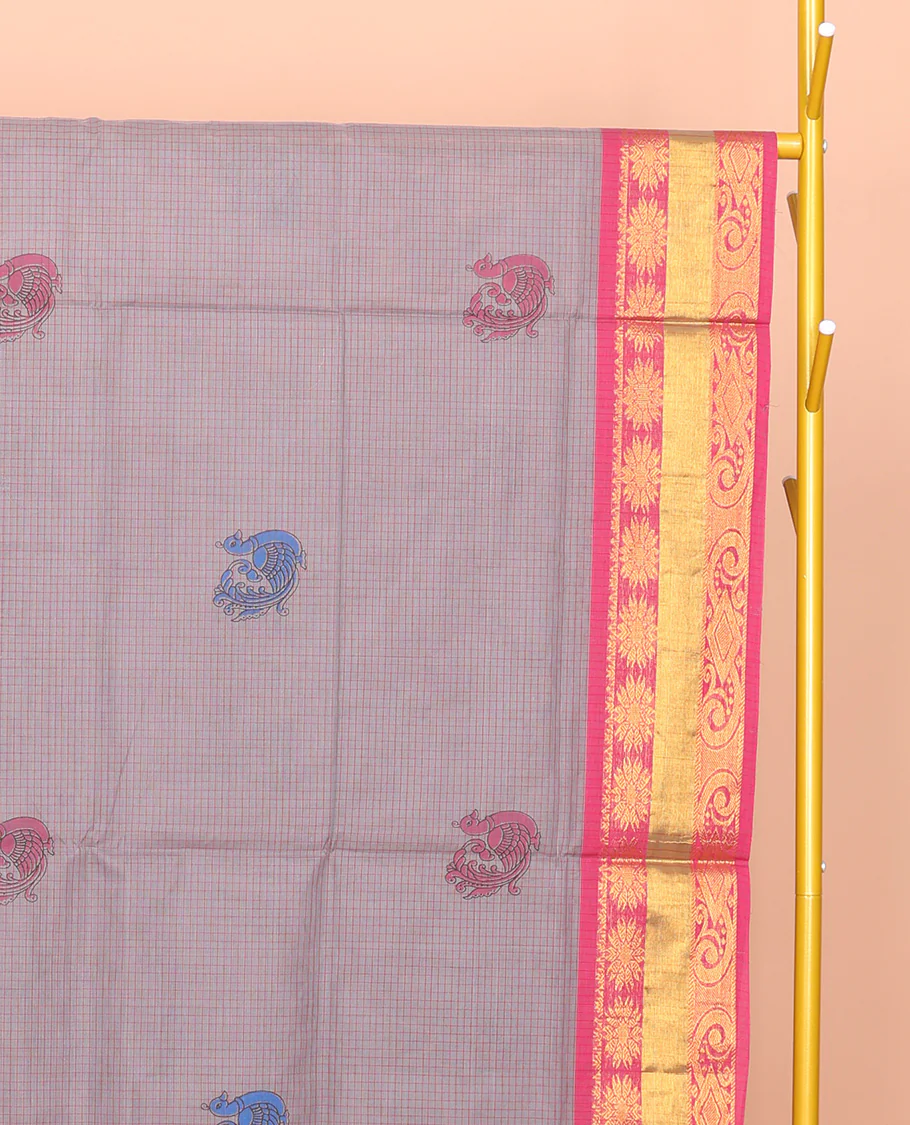 Grey Venkatagiri Cotton Saree, Delicately Printed with Peacock Buttas and Checks, a Contrast Traditional Zari Border, Pallu of Stripes, and No Blouse - Image 2