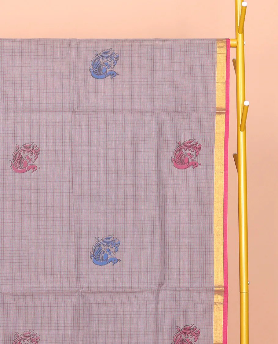 Grey Venkatagiri Cotton Saree, Delicately Printed with Peacock Buttas and Checks, a Contrast Traditional Zari Border, Pallu of Stripes, and No Blouse - Image 3