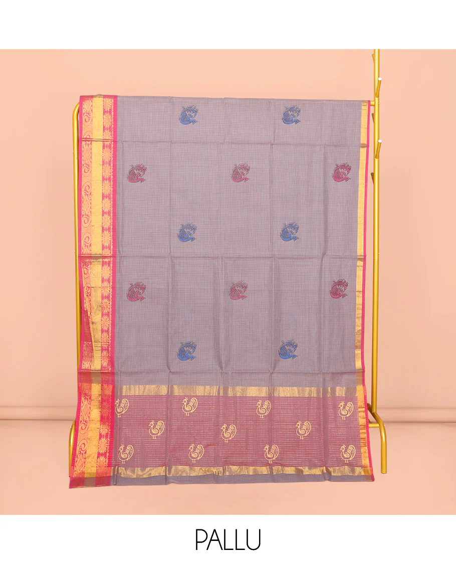 Grey Venkatagiri Cotton Saree, Delicately Printed with Peacock Buttas and Checks, a Contrast Traditional Zari Border, Pallu of Stripes, and No Blouse - Image 4