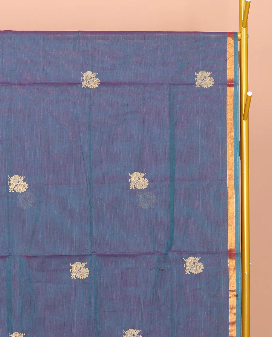 Grey Venkatagiri Cotton Saree, Enriched with Peacock Buttas, a Contrast Zari Border, Pallu of Buttas and Stripes, and No Blouse - Image 2
