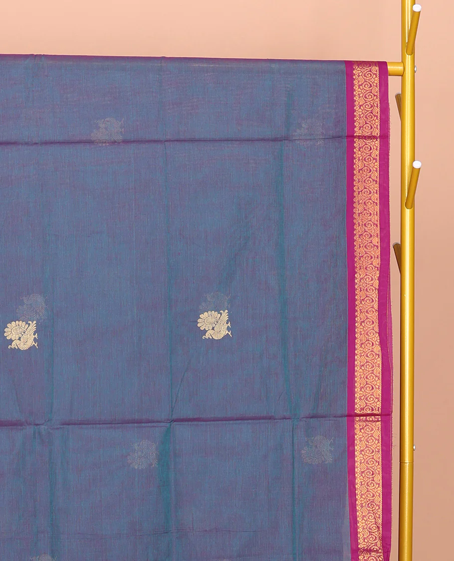 Grey Venkatagiri Cotton Saree, Enriched with Peacock Buttas, a Contrast Zari Border, Pallu of Buttas and Stripes, and No Blouse - Image 3