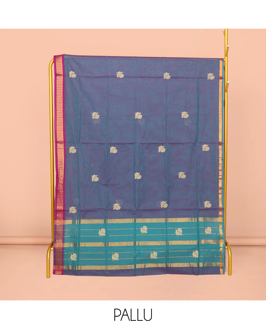 Grey Venkatagiri Cotton Saree, Enriched with Peacock Buttas, a Contrast Zari Border, Pallu of Buttas and Stripes, and No Blouse - Image 4