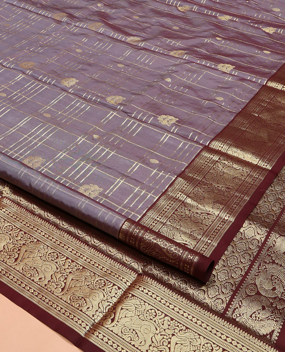 Grey Venkatagiri Silk Saree, Enriched with Zari Buttas Enclosed Checked Design on Its Body, Complemented by a Contrast Traditional Zari Border of Yaali Designs, Pallu of Jaal Designs, and Paired with a Contrast Blouse - Image 2