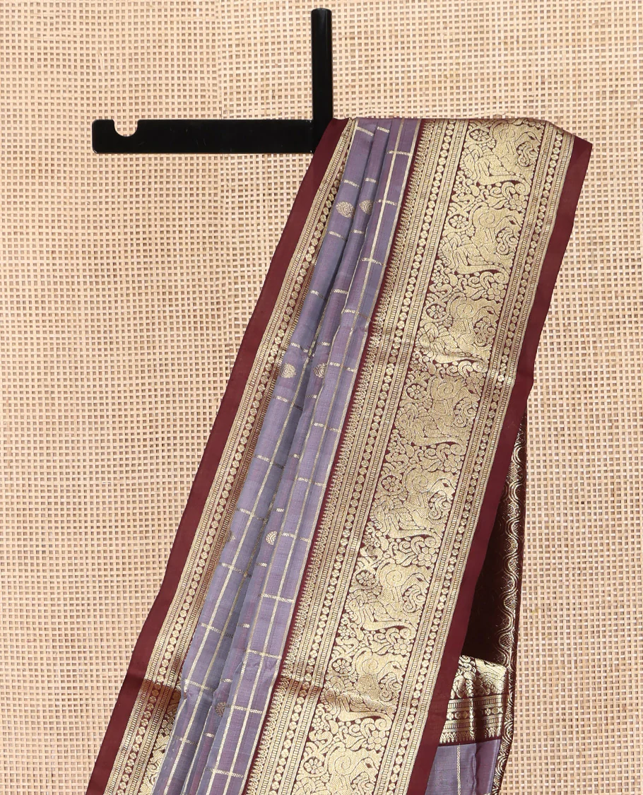 Grey Venkatagiri Silk Saree, Enriched with Zari Buttas Enclosed Checked Design on Its Body, Complemented by a Contrast Traditional Zari Border of Yaali Designs, Pallu of Jaal Designs, and Paired with a Contrast Blouse - Image 3